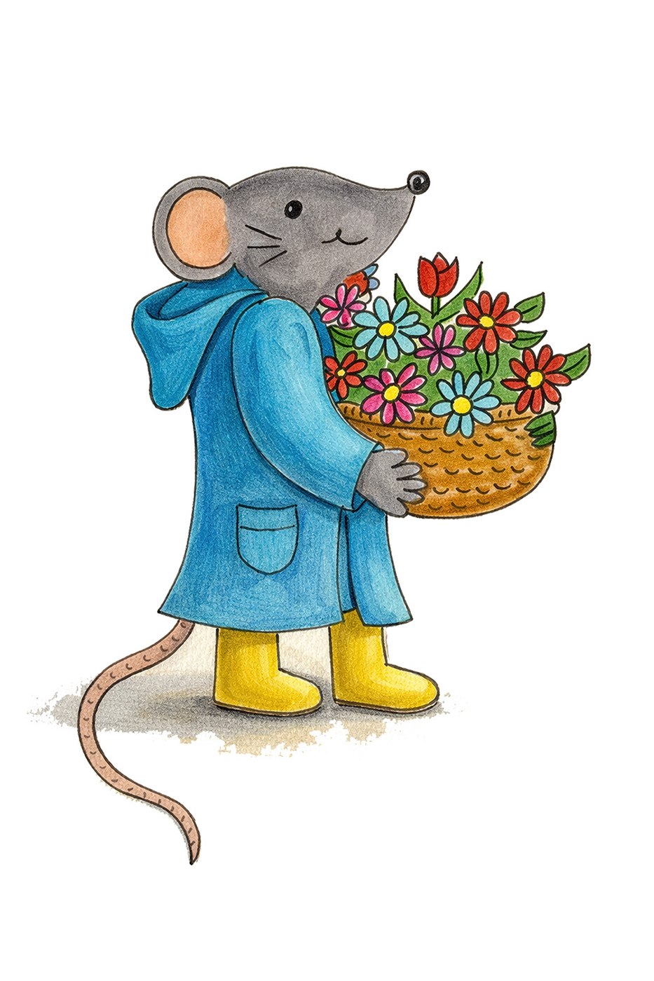Muis draagt een mand vol bloemen