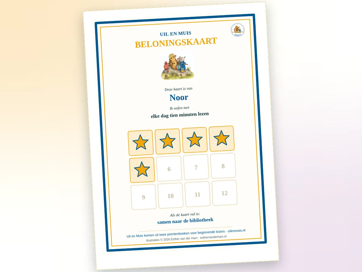 beloningskaart uil en muis om zelf te maken en in te vullen